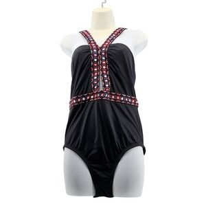 Laundry by Shelli Segal Black Embroidered One Piece Swimsuit Large Beach Summer